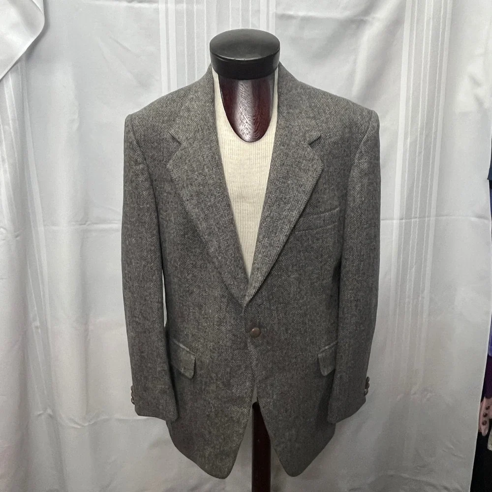 Farah Mens 42R Grey Herringbone Wool Sport Coat‎ Blazer Jacket Academia Heritage